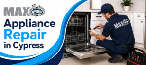 MAX Appliance Repair technician repairing a dishwasher in Cypress