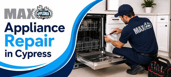 MAX Appliance Repair technician repairing a dishwasher in Cypress