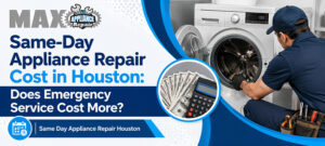MAX Appliance Repair technician fixing a front-load washing machine showing affordable same-day appliance repair cost in Houston.