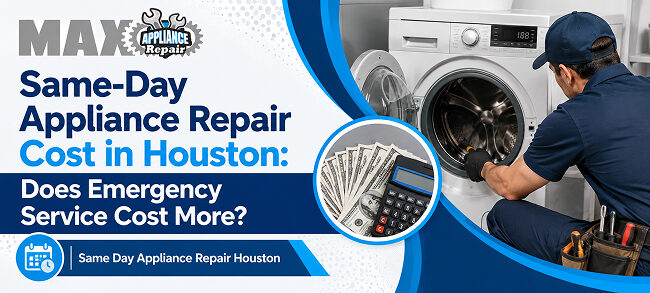 MAX Appliance Repair technician fixing a front-load washing machine showing affordable same-day appliance repair cost in Houston.