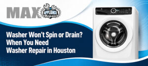 A white front-load washing machine needing repair service in Houston